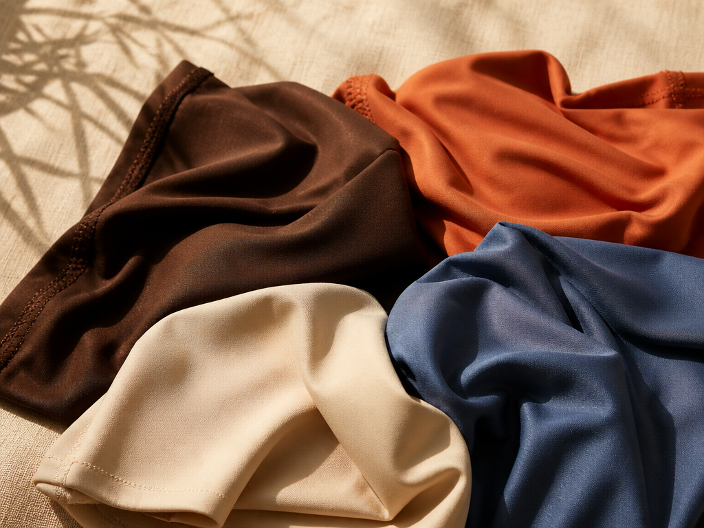 Four luxury swimwear fabric color swatches in chocolate, coral, mineral blue and biscuit