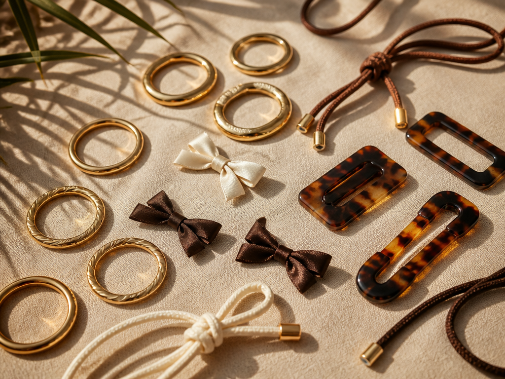 Luxury swimwear hardware and trim accessories including gold rings and tortoiseshell clips