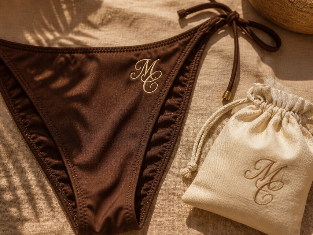 A chocolate bikini bottom with embroidered initials beside a matching personalized cotton pouch