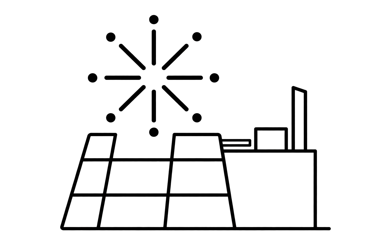 Line illustration of a sun above solar panels beside a sewing machine